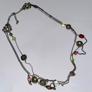 Beautiful Purple and Green Long Beaded Muti Chain Statement Necklace Coppertone